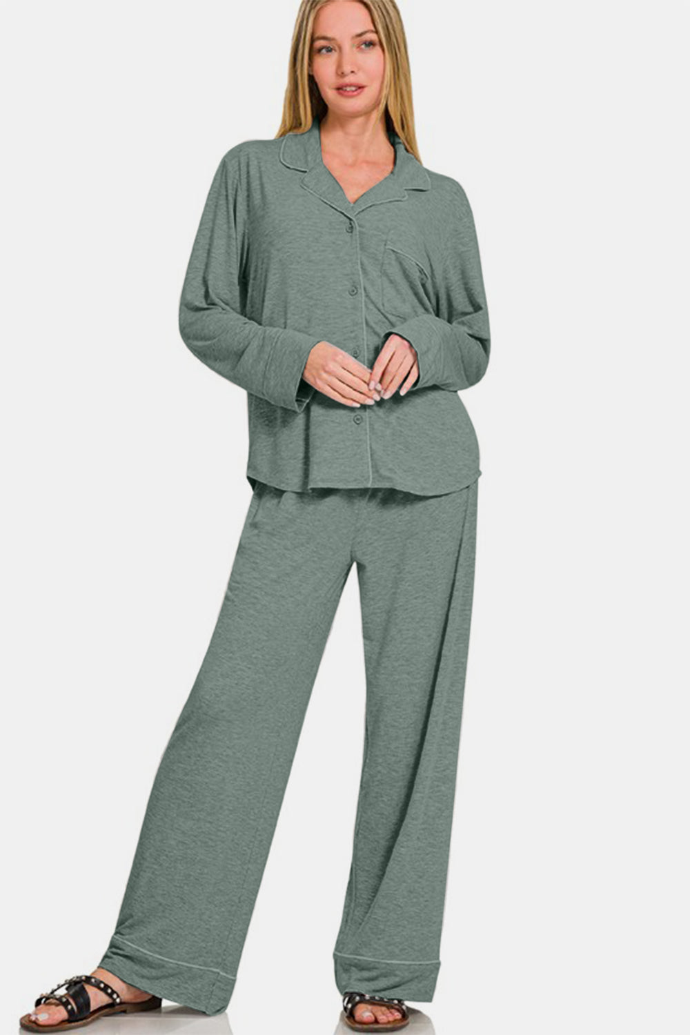 Comfy & Cozy Button Down Long Sleeve Top and Pants Lounge Set