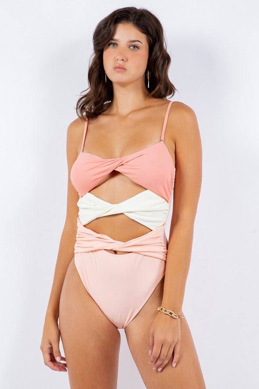 Twisted Design Tri-Front Panel One-Piece Swimsuit