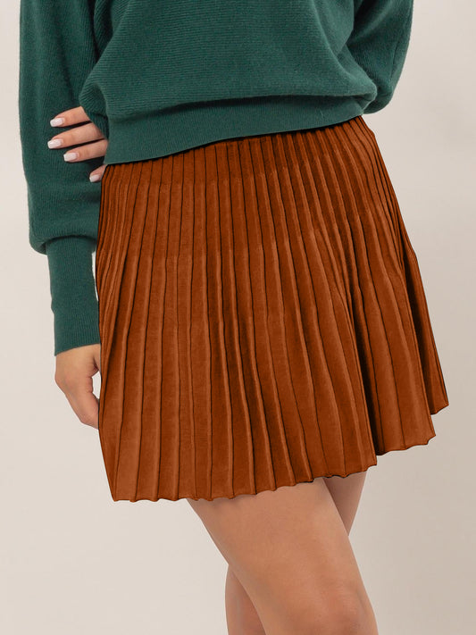 Chocolate High Waist Knit Pleated Flare Mini Skirt