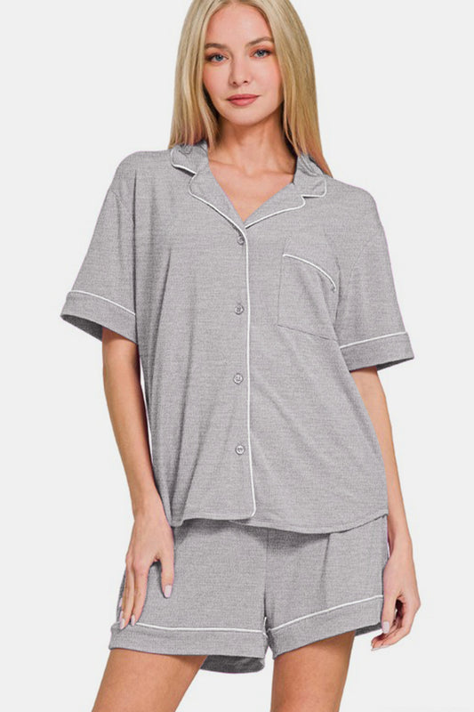 Comfy & Cozy Button Down Short Sleeve Top and Shorts Lounge Set