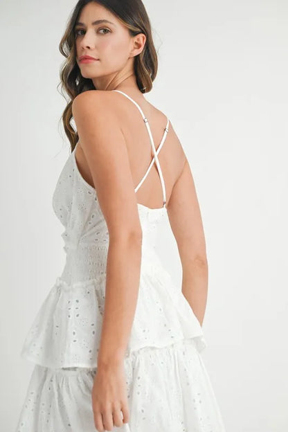 Back view of ruffle mini dress with open back and crisscross straps in white eyelet lace