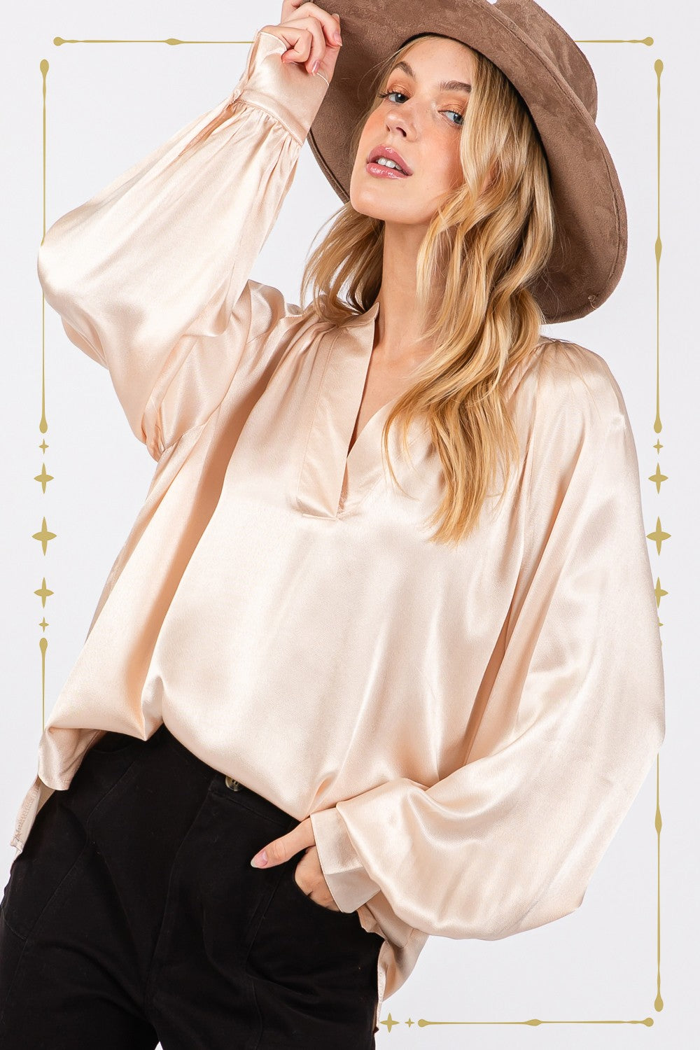 Champagne Notched Long Sleeve Blouse