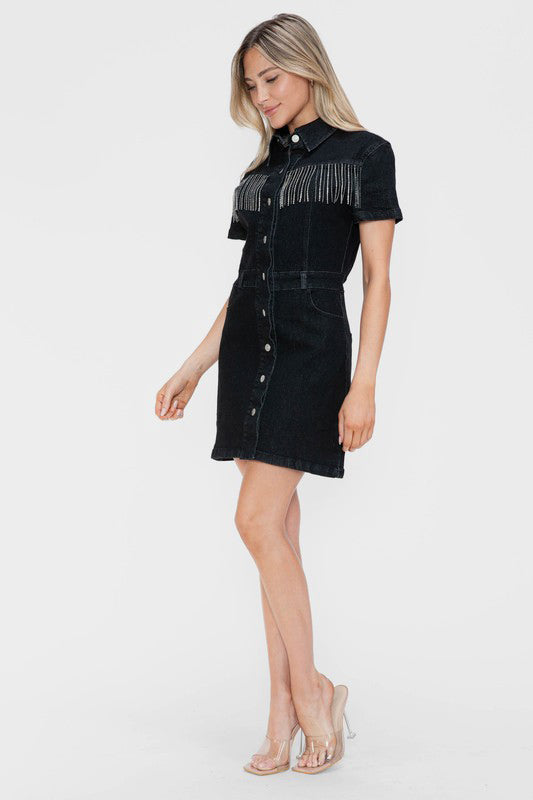 Carter Embellished Button Down Short Sleeve Denim Dress