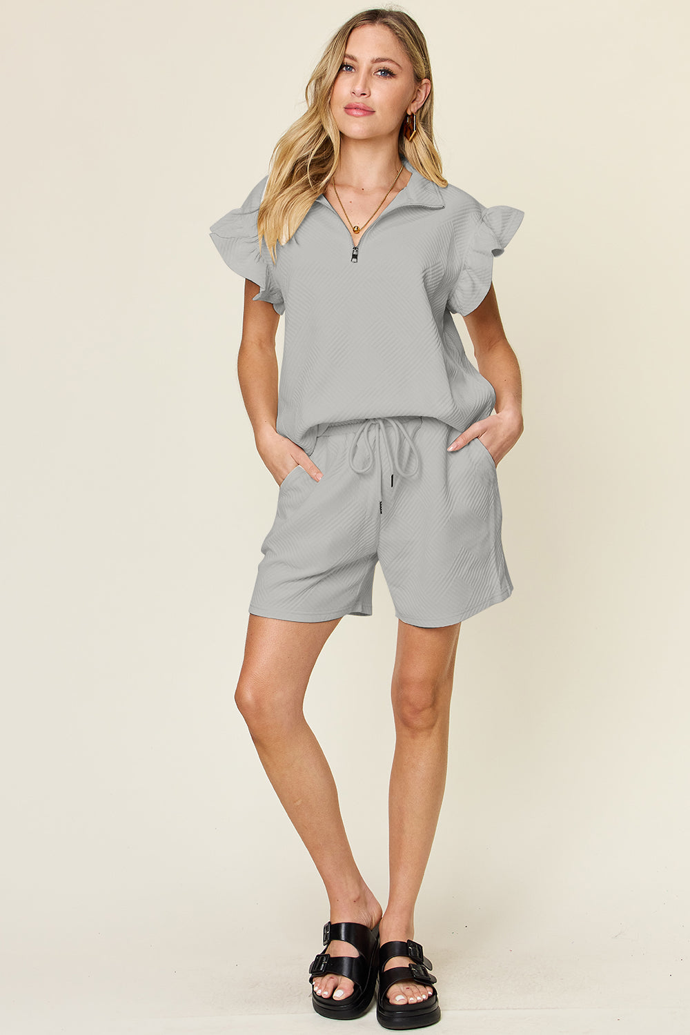 Double Take Texture Flounce Sleeve Top and Drawstring Shorts Set