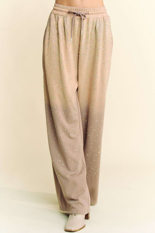 Rhinestone Drawstring Wide Leg Pants