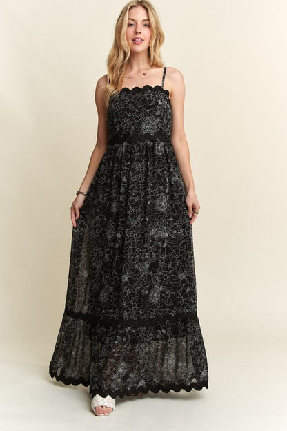 Black Floral Adjustable Strap Maxi Dress