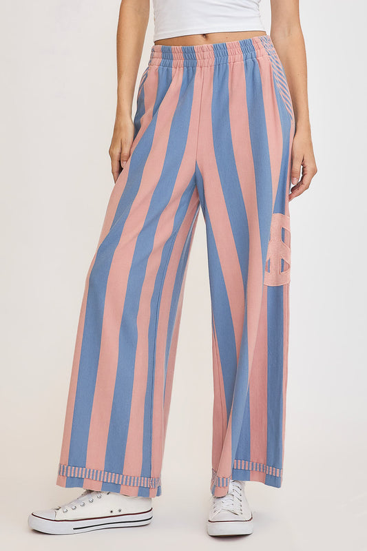 Peace Sign Patch Striped Wide Leg Pants