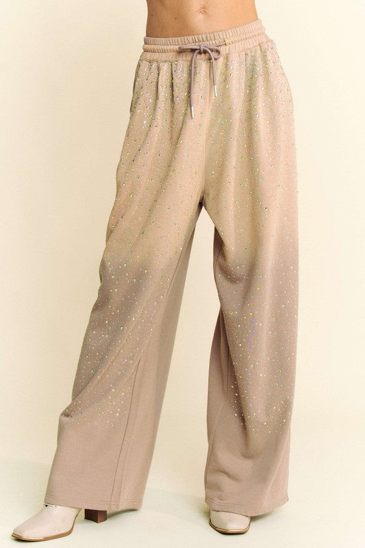 Rhinestone Drawstring Wide Leg Pants