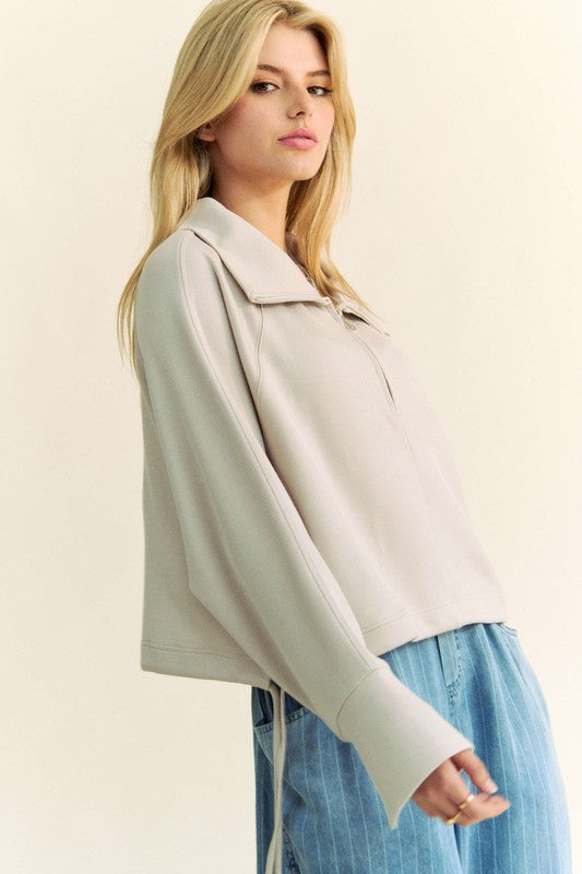 Drawstring Hem Half Zip Raglan Sleeve Sweatshirt