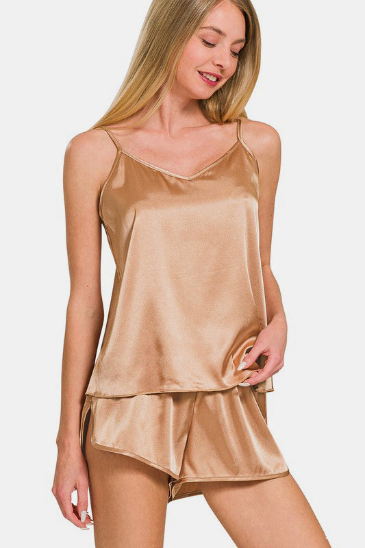 Simple Things V-Neck Satin Cami and Elastic Waist Shorts Lounge Set