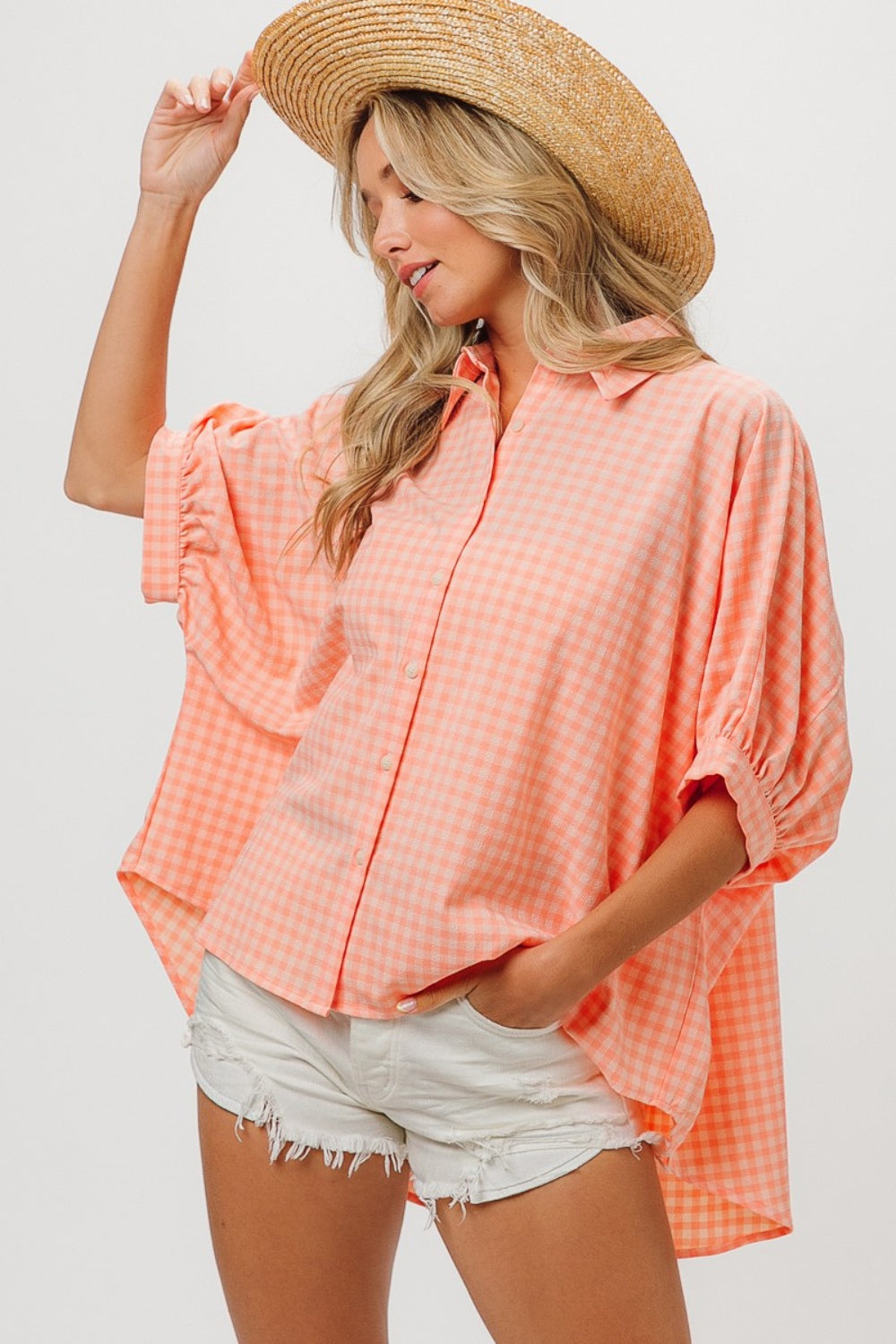 Plaid Button Up Dolman Sleeve Shirt