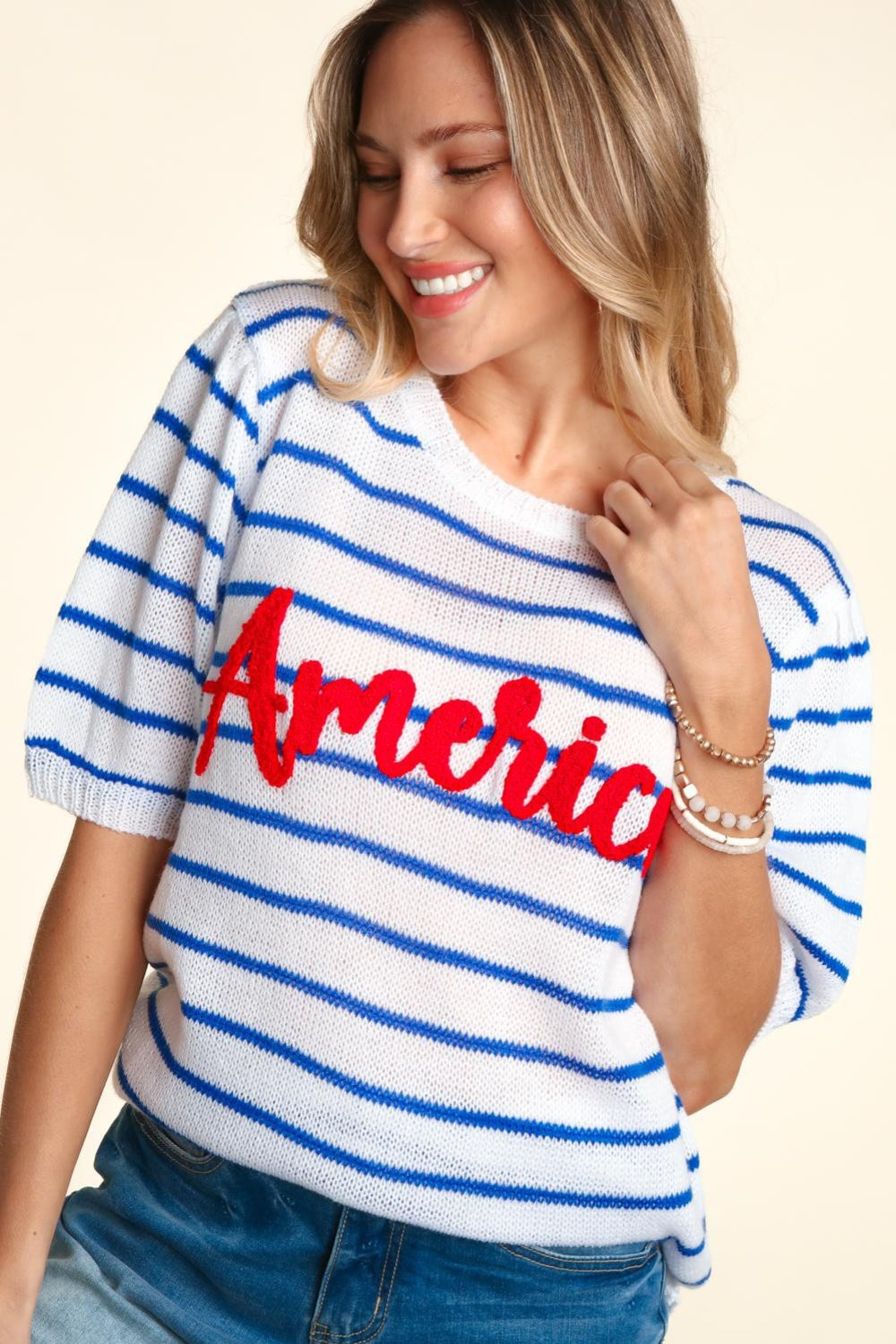 America Embroidery Striped Knit Top