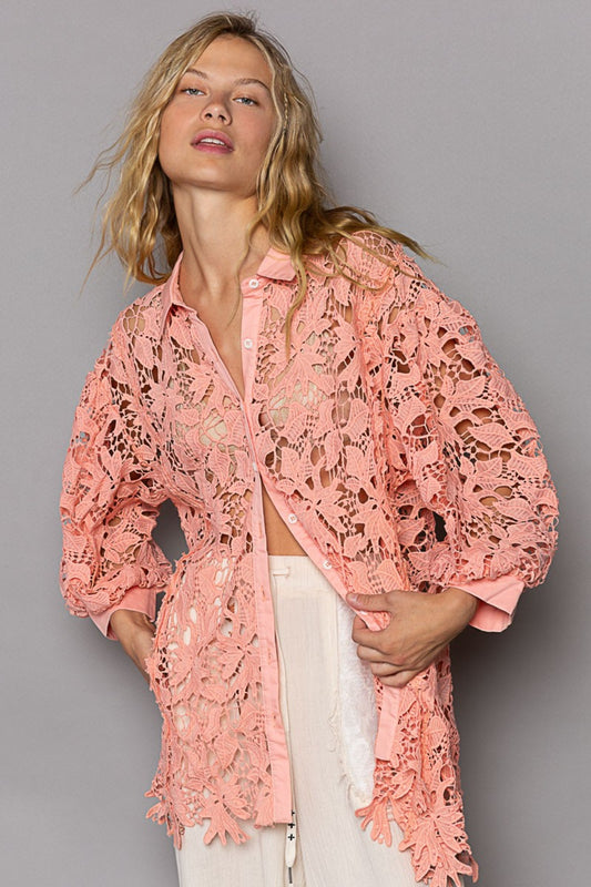 Jolene Collared Neck Button Up Lace Shirt