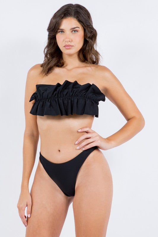 Two-Piece Tube Top with Ruched Ruffle Bikini