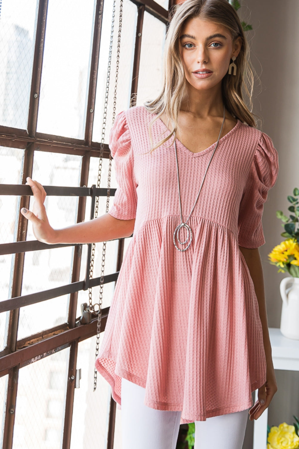 Waffle Knit V-Neck Babydoll Top