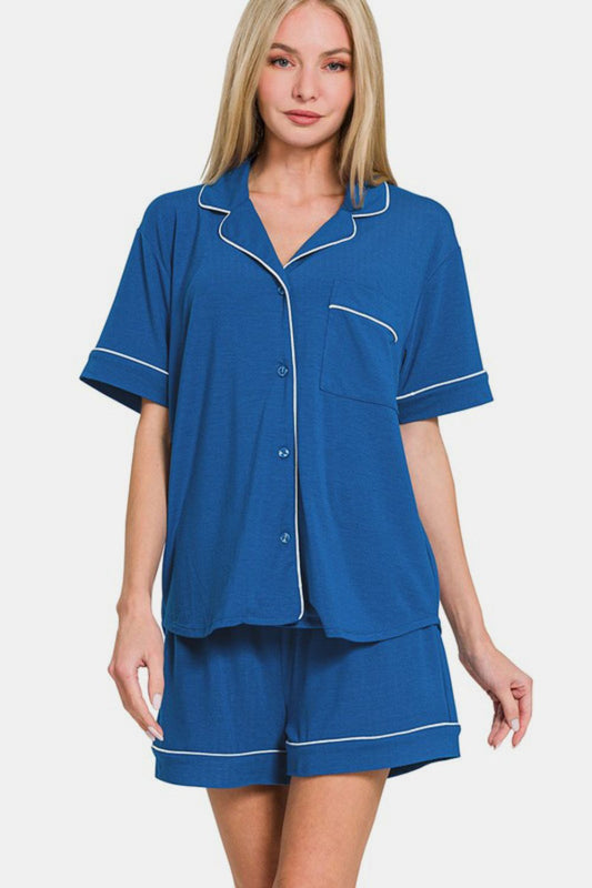 Comfy & Cozy Button Down Short Sleeve Top and Shorts Lounge Set