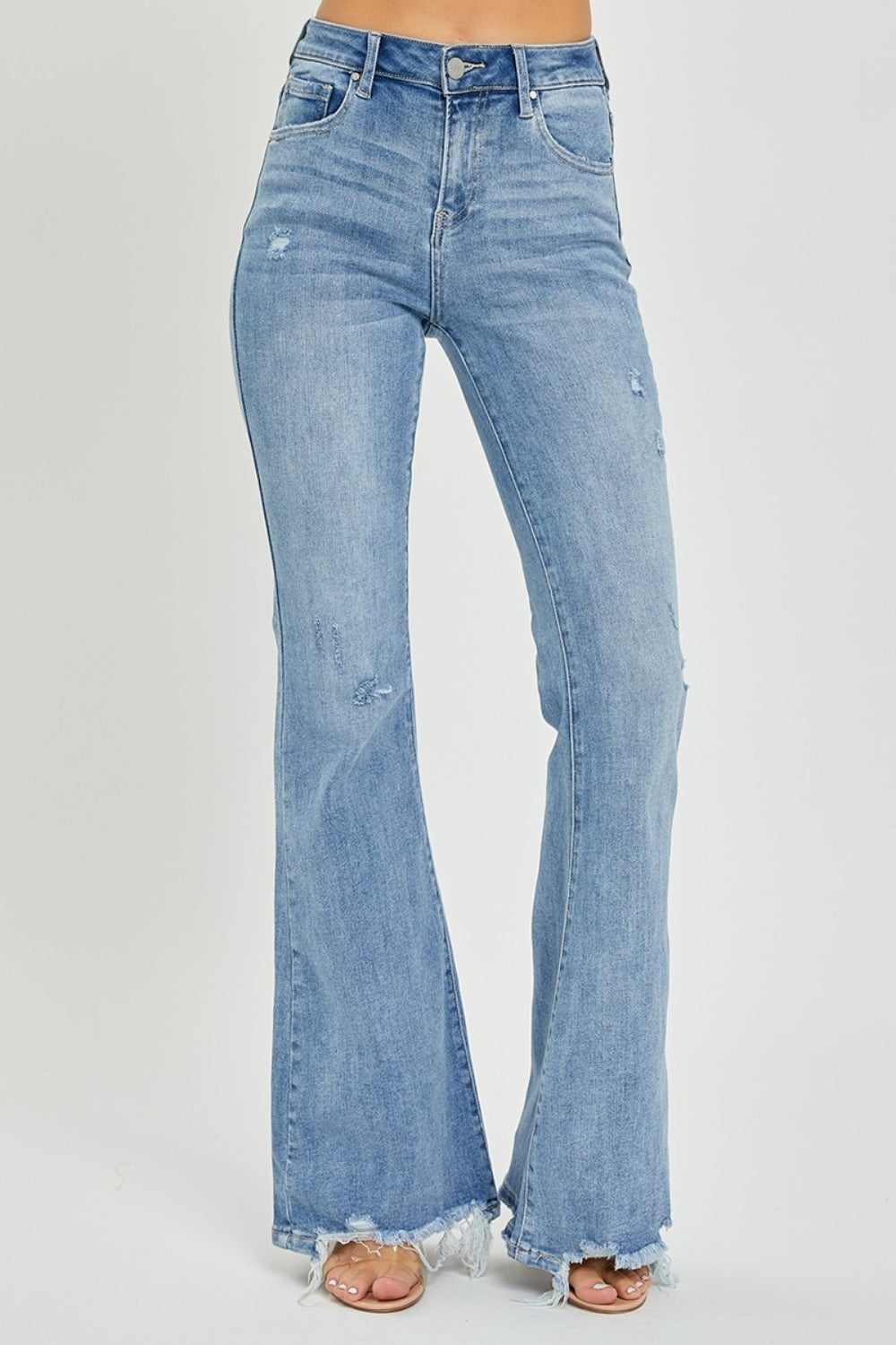 Light High Rise Frayed Hem Flare Jeans