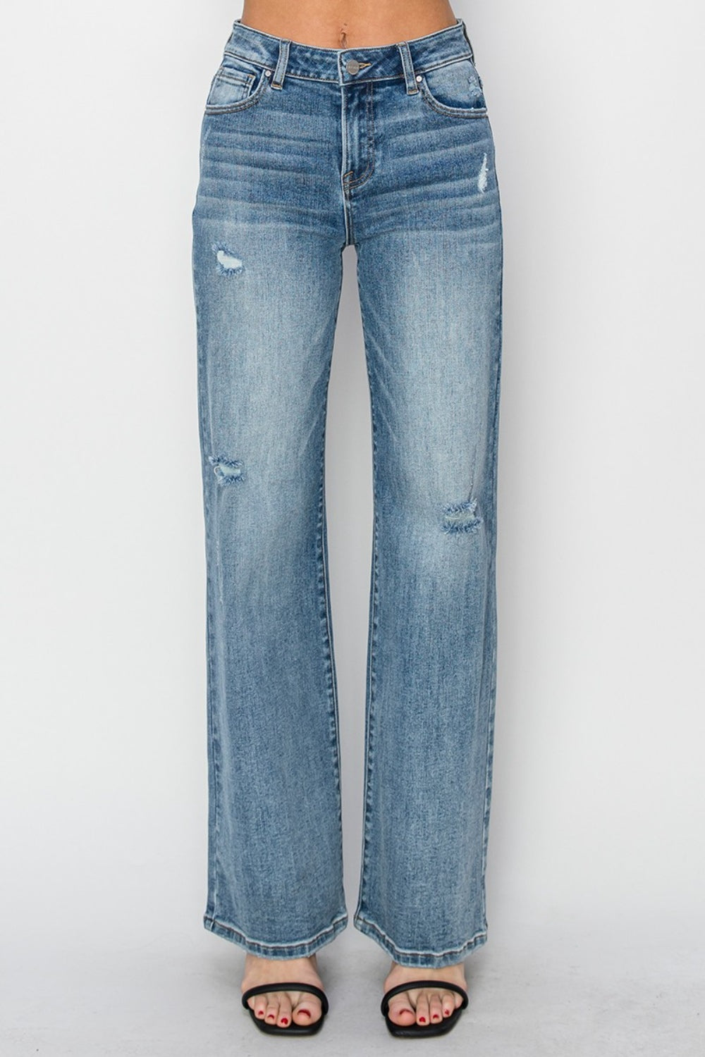 RISEN Full Size High Waist Distressed Wide Leg Jeans