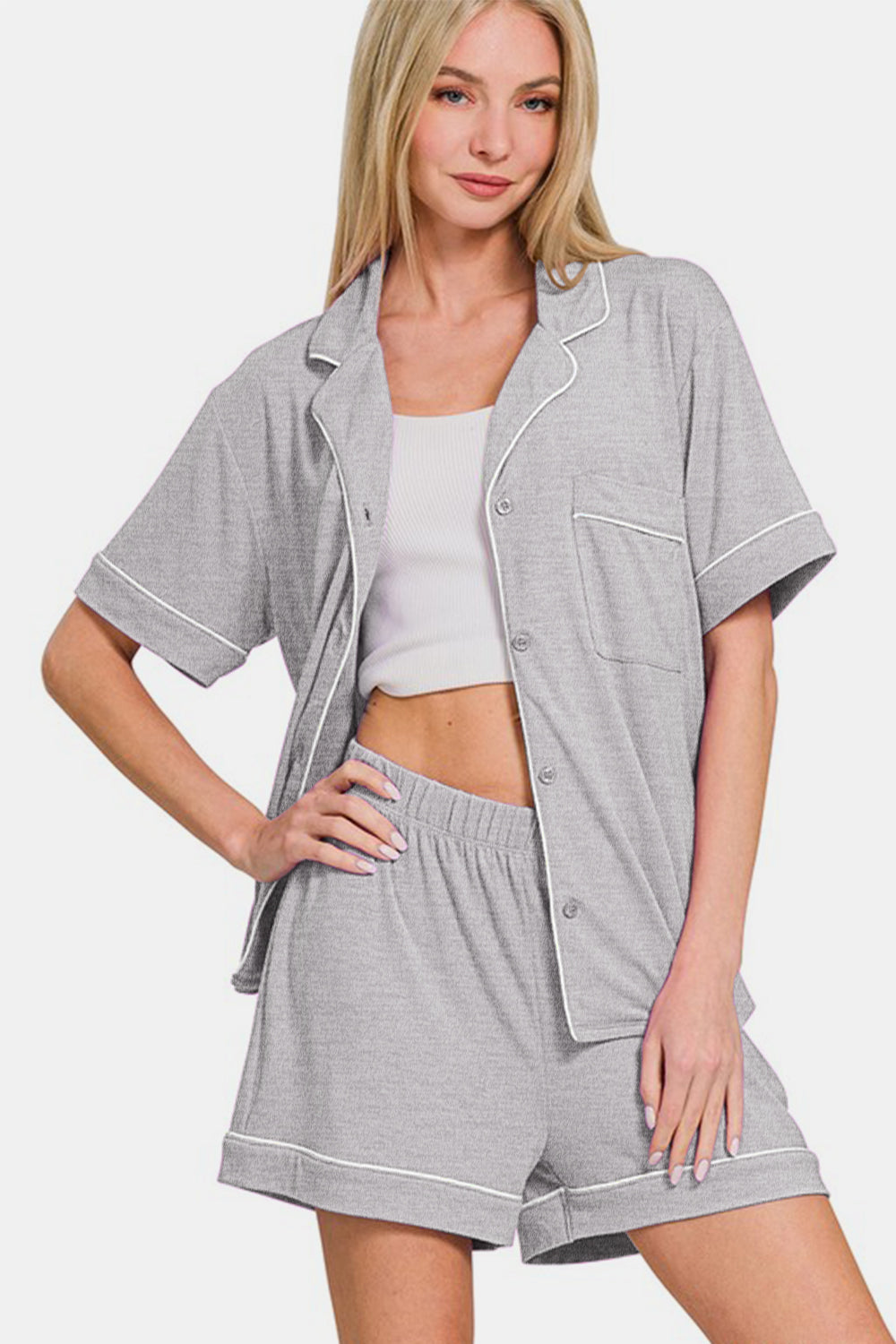 Comfy & Cozy Button Down Short Sleeve Top and Shorts Lounge Set