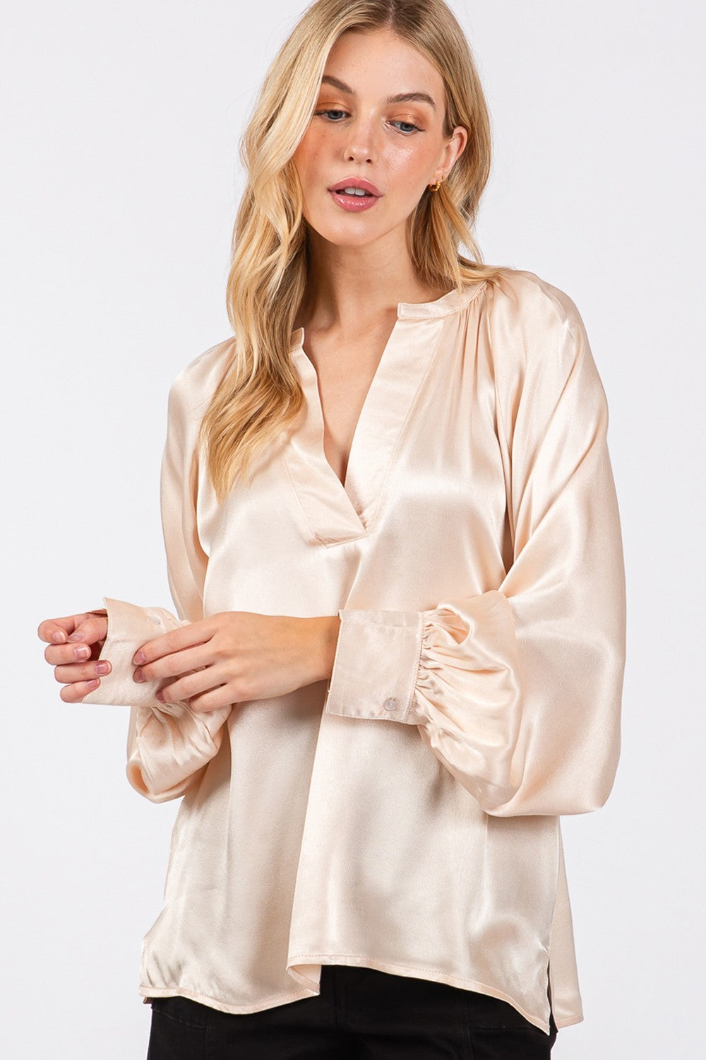 Champagne Notched Long Sleeve Blouse