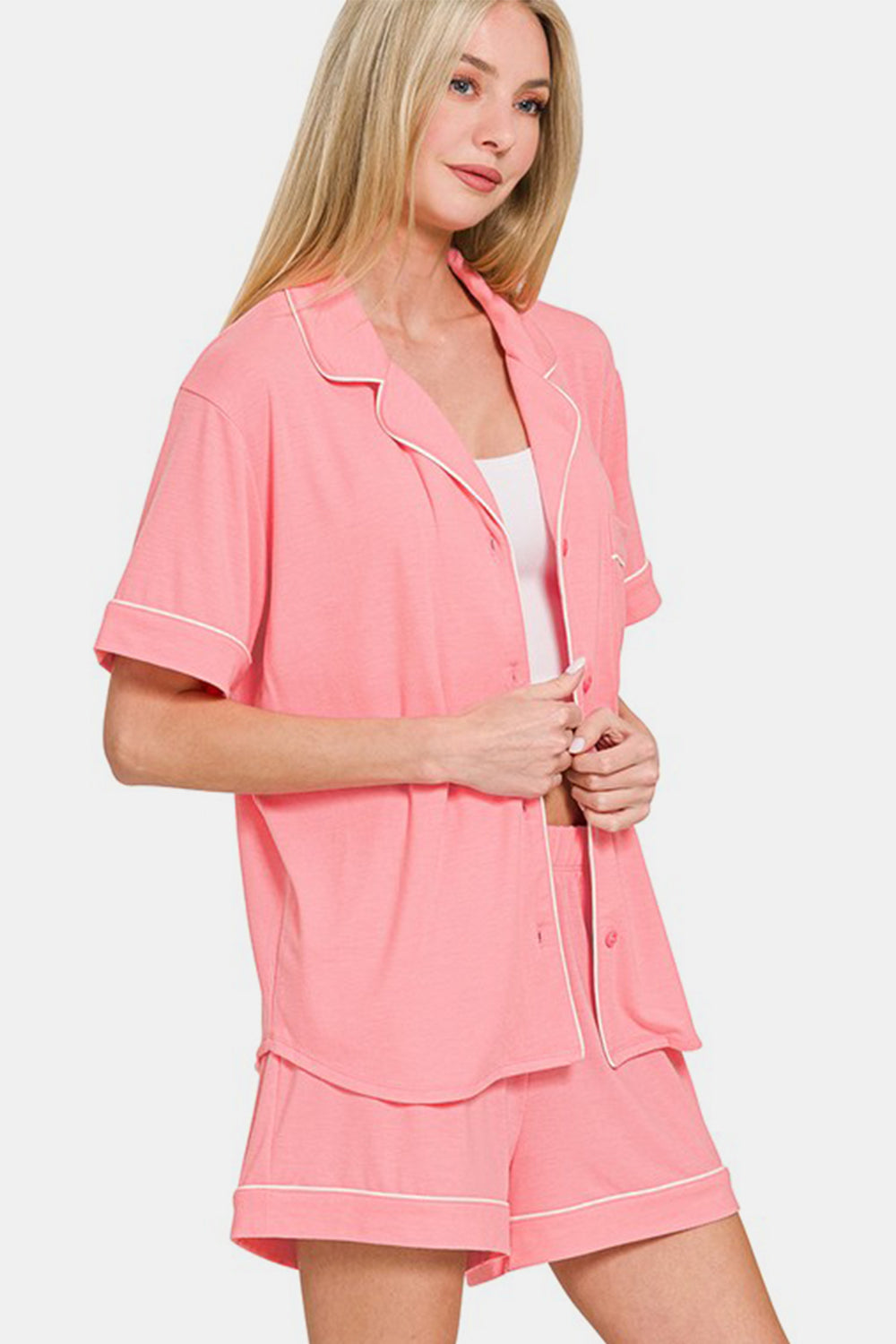 Comfy & Cozy Button Down Short Sleeve Top and Shorts Lounge Set