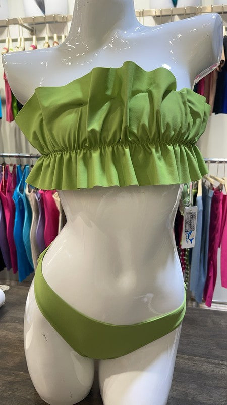 Two-Piece Tube Top with Ruched Ruffle Bikini