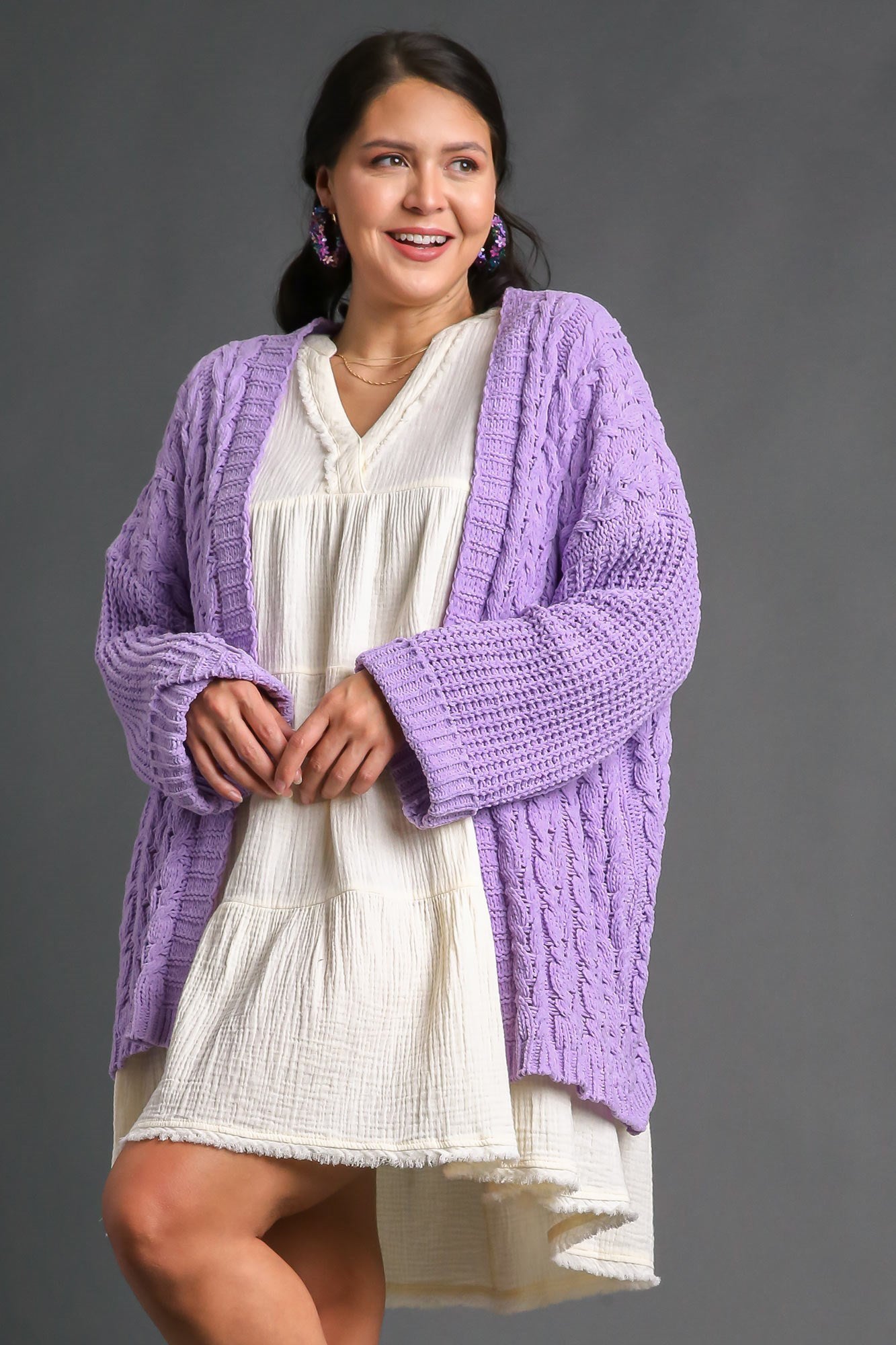 Cable Knit Open Front Long Sleeve Cardigan