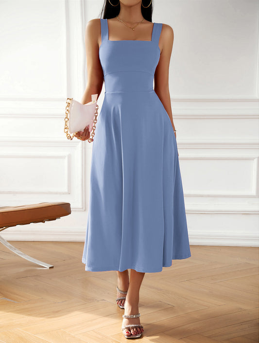 Simple Elegance Square Neck Sleeveless Lace-Up Dress