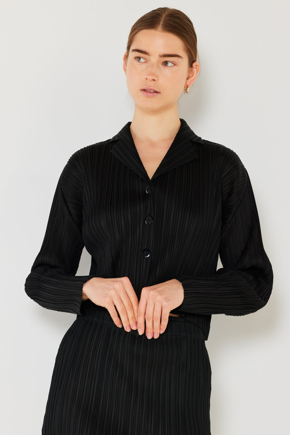 Marina West  Pleated Cropped Button Up Shirt