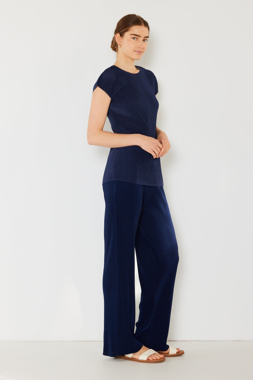 Marina West  Rib Pleated Elastic-Waist Wide Leg Pants