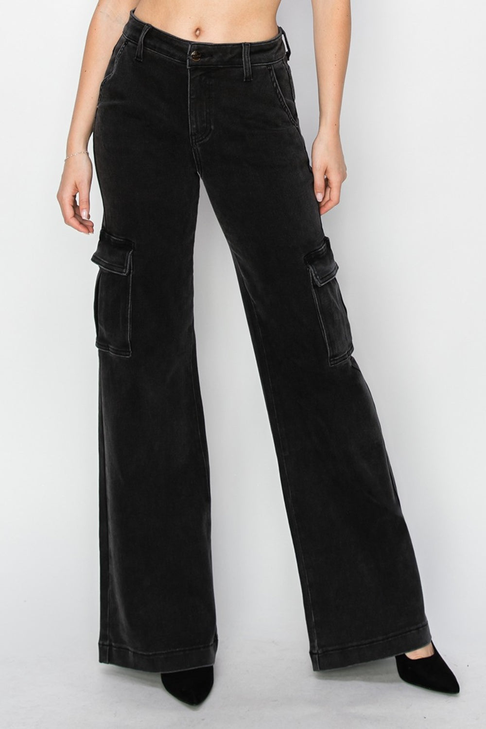 Black High Rise Wide Leg Cargo Jeans