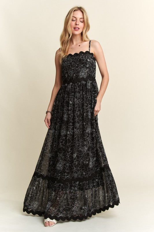 Black Floral Adjustable Strap Maxi Dress