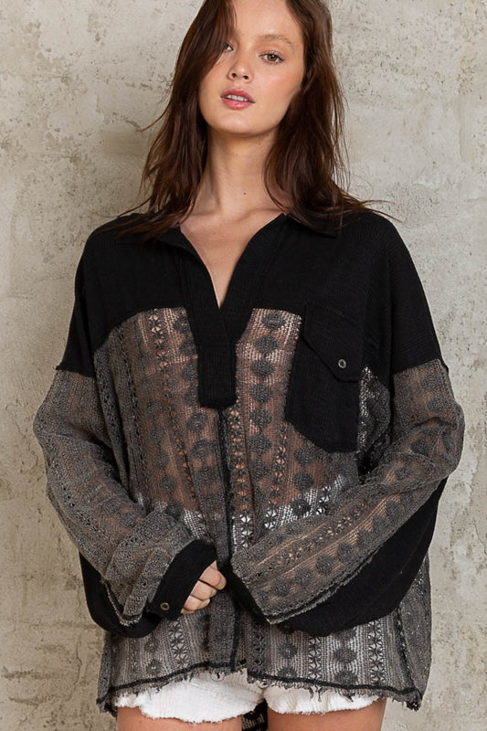 Forevermore Johnny Collar Long Sleeve Lace Blouse