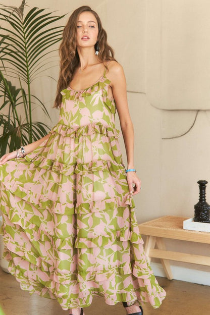 Sage & Pink Ruffled Tiered Cami Maxi Dress