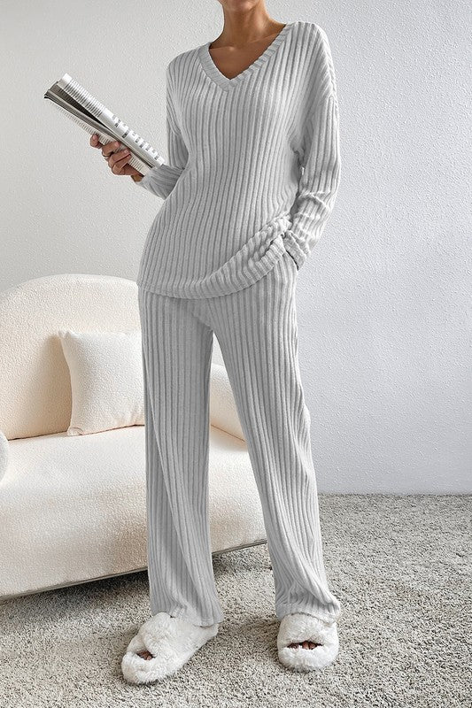 Women Ribbed Knit V Neck Slouchy Two-piece Set