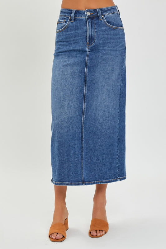 High Rise Back Slit Denim Skirt