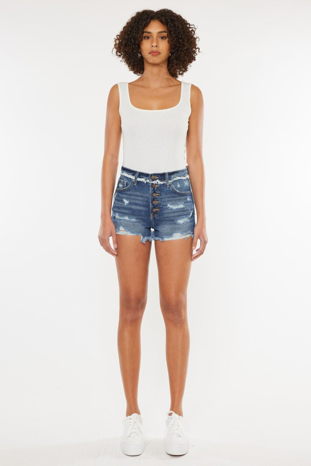 Distressed Button Fly Denim Shorts