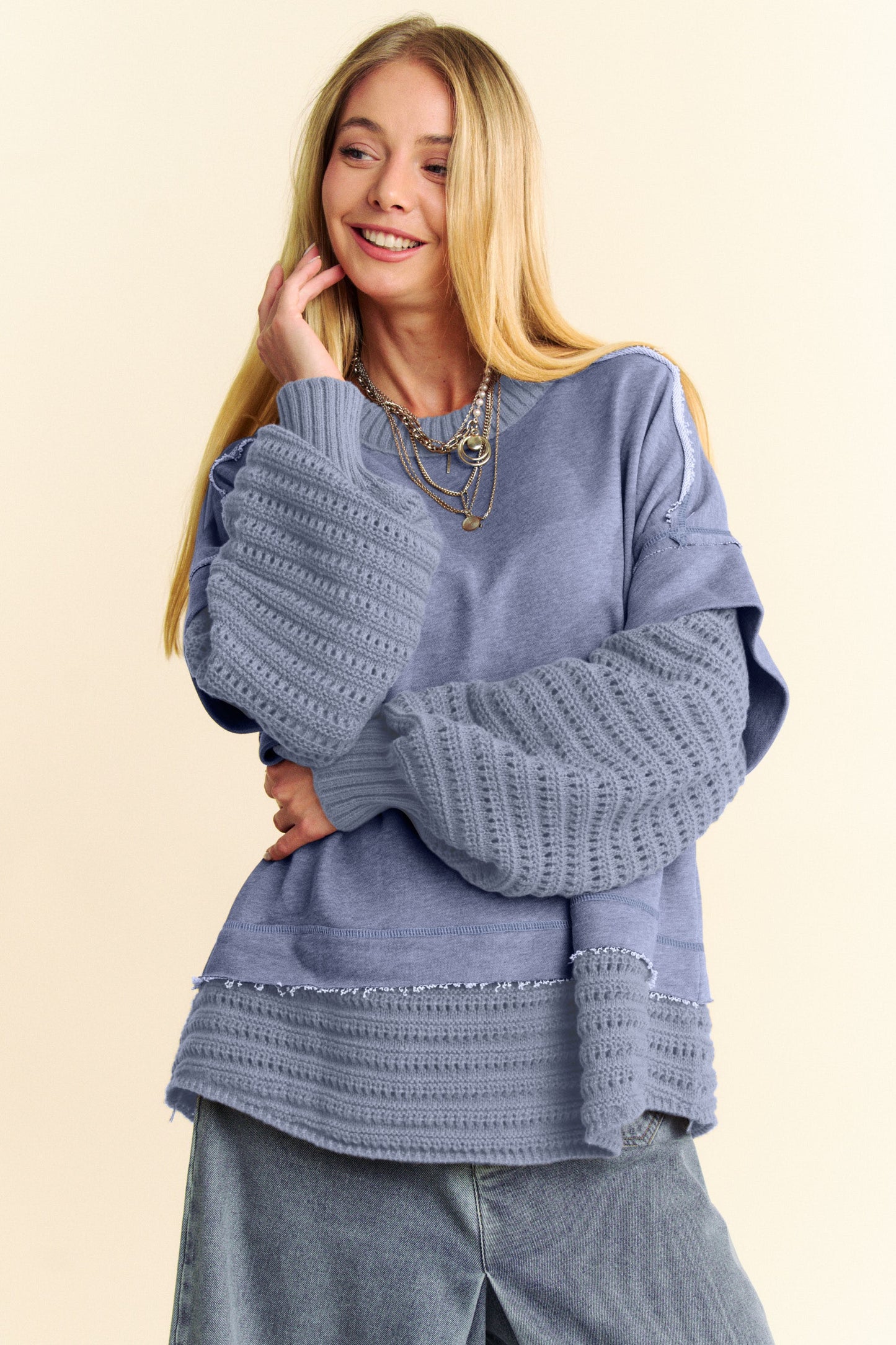 Faux Layered Round Neck Sweater