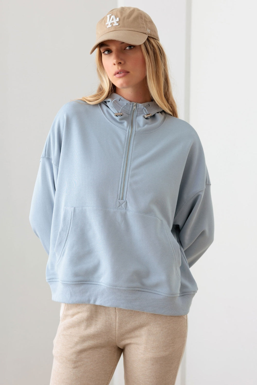 Baby Blue Half Zip Drawstring Mock Neck Hoodie