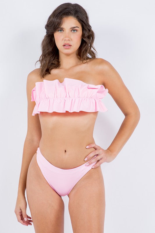 Two-Piece Tube Top with Ruched Ruffle Bikini