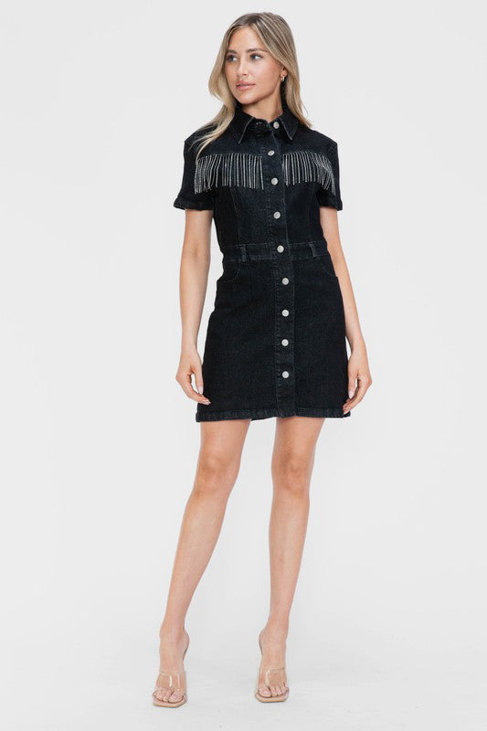 Carter Embellished Button Down Short Sleeve Denim Dress