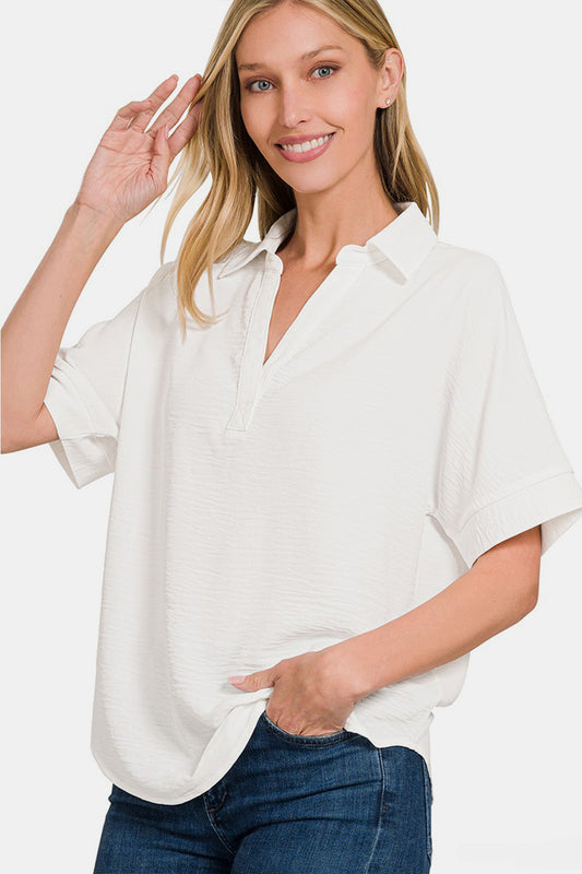 Texture Collared Neck Short Sleeve Top