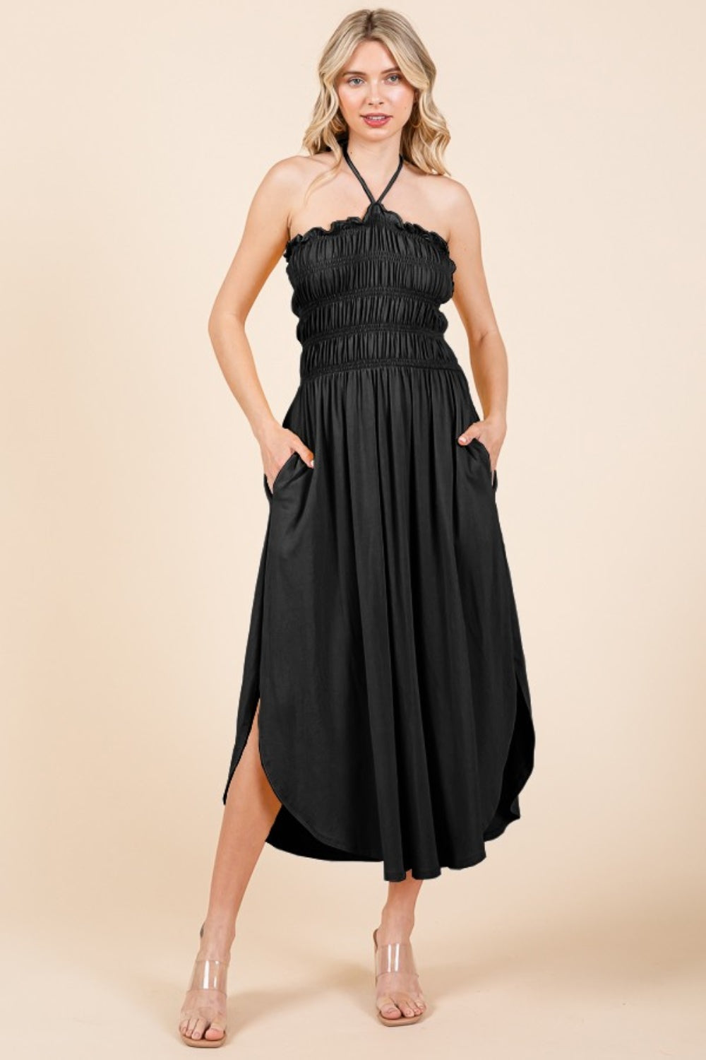 Black Tie Back Shirring Dress with Pockets