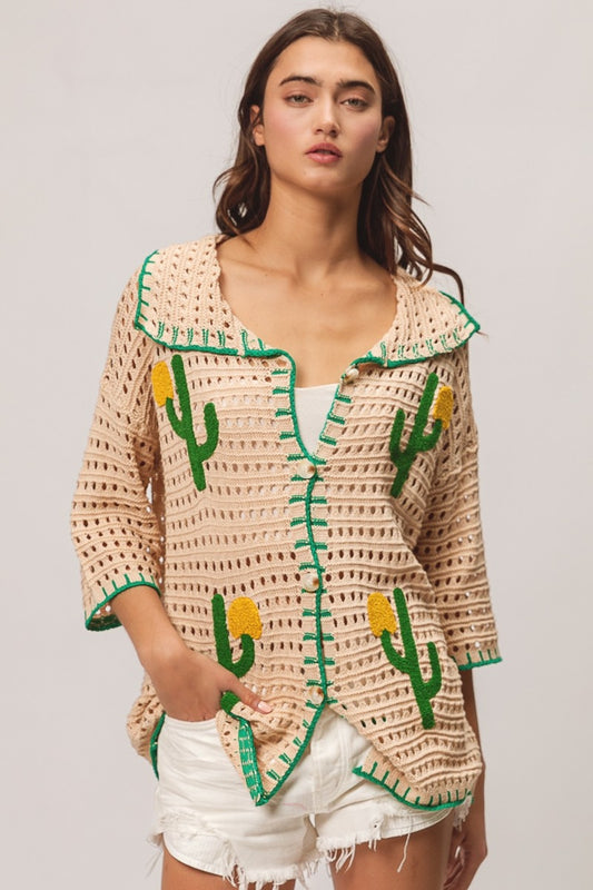 Edge Stitched Cactus Patch Sweater Cardigan