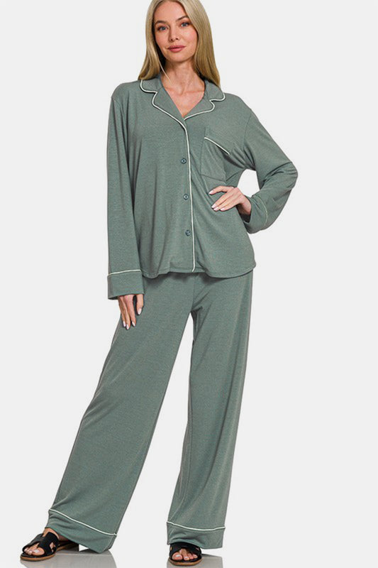 Comfy & Cozy Button Down Long Sleeve Top and Pants Lounge Set