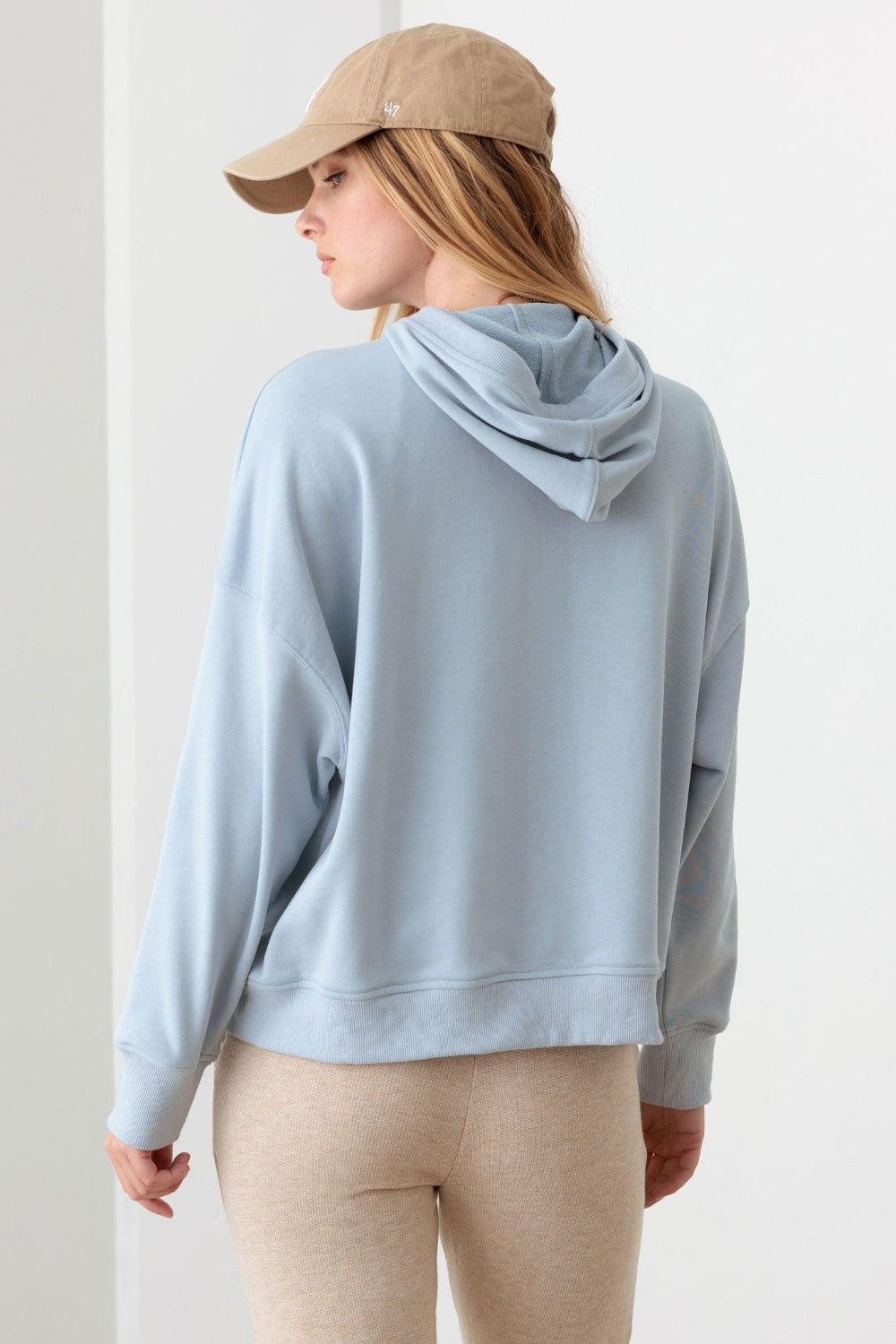 Baby Blue Half Zip Drawstring Mock Neck Hoodie