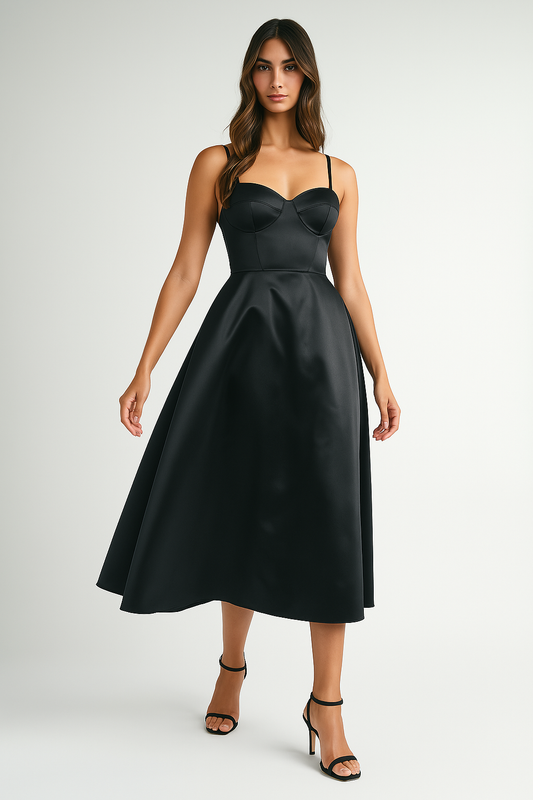 Solid Taffeta Spaghetti Strap Bustier Midi Dress