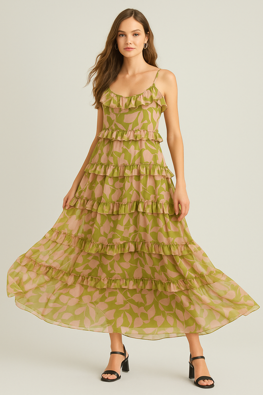 Sage & Pink Ruffled Tiered Cami Maxi Dress