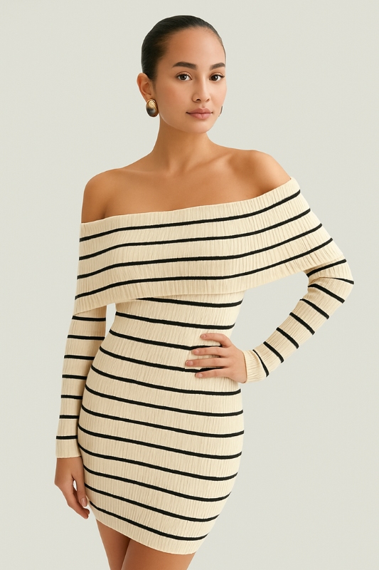 Chic Stripe Off-Shoulder Sweater Dress - Luxe and Allure