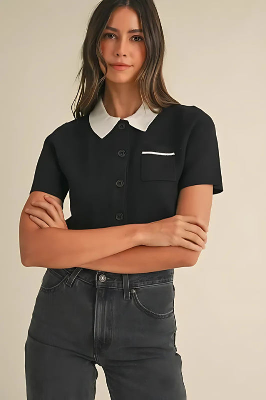 Black Button Down Contrast Collared Knit Cardigan